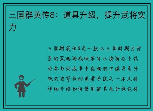 三国群英传8：道具升级，提升武将实力